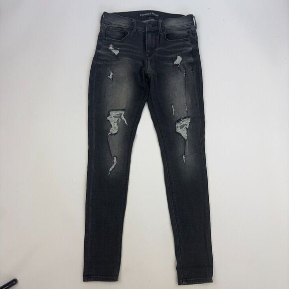Express Jeans Mia Mid Rise Legging Skinny Gray Distressed Stretch Size 0R - Picture 2 of 12